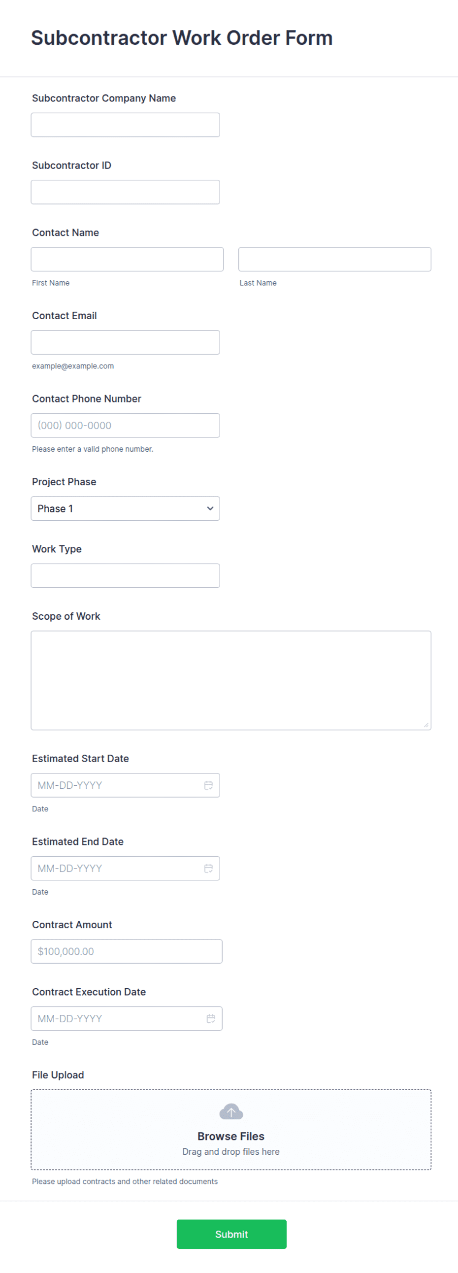 Subcontractor Work Order Form Template | Jotform