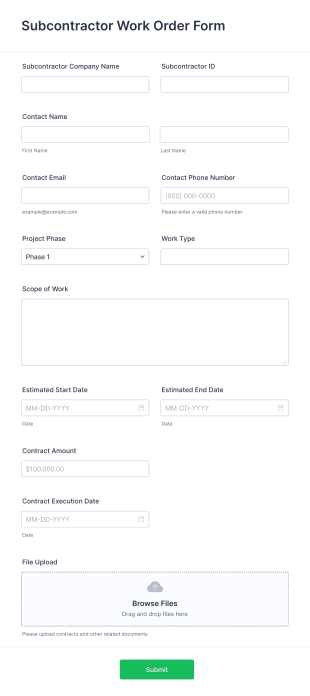Subcontractor Work Order Form Template