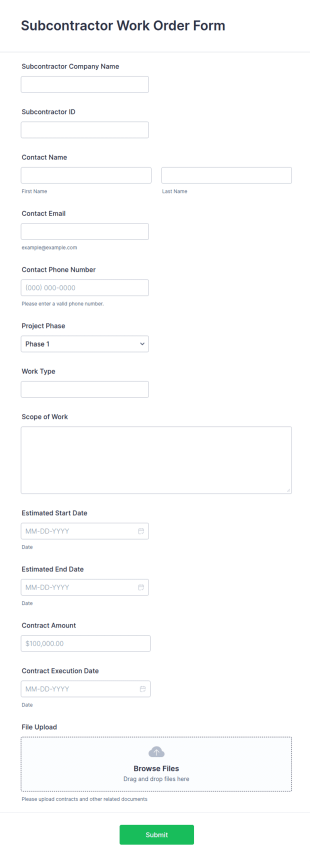 Subcontractor Work Order Form Template