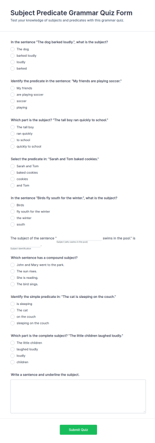 Subject Predicate Grammar Quiz Form Template