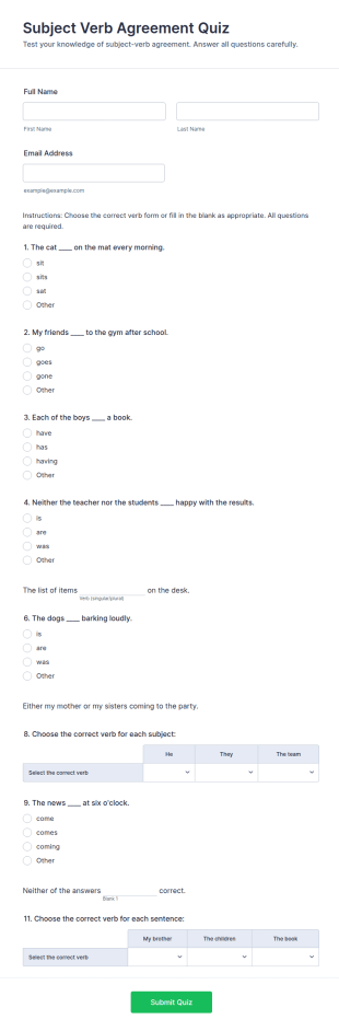 Subject Verb Agreement Quiz Form Template