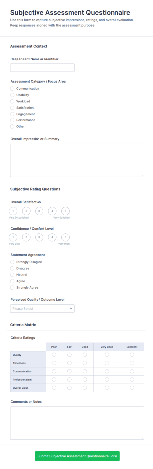 Subjective Assessment Questionnaire Form Template