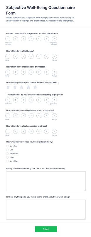 Subjective Well Being Questionnaire Form Template
