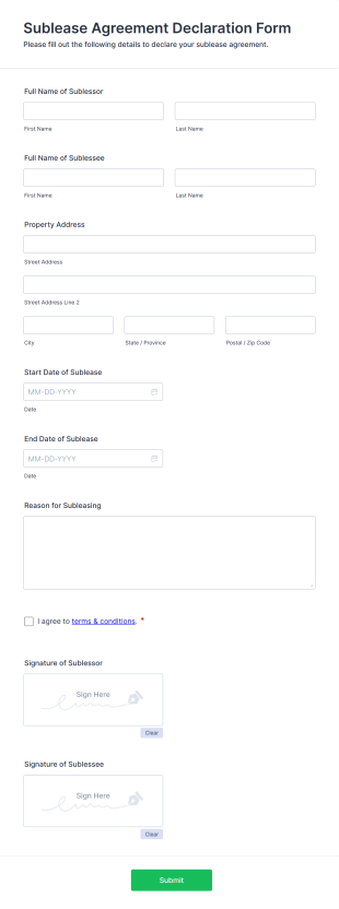 Sublease Agreement Declaration Form Template