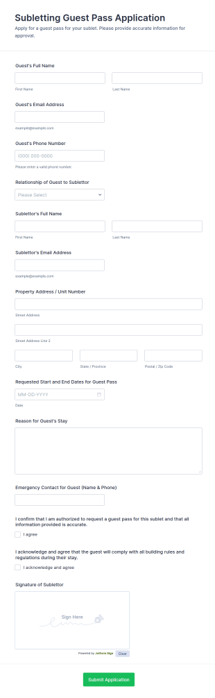 Subletting Guest Pass Application Form Template