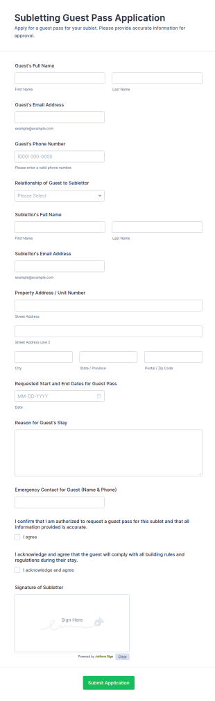 Subletting Guest Pass Application Form Template