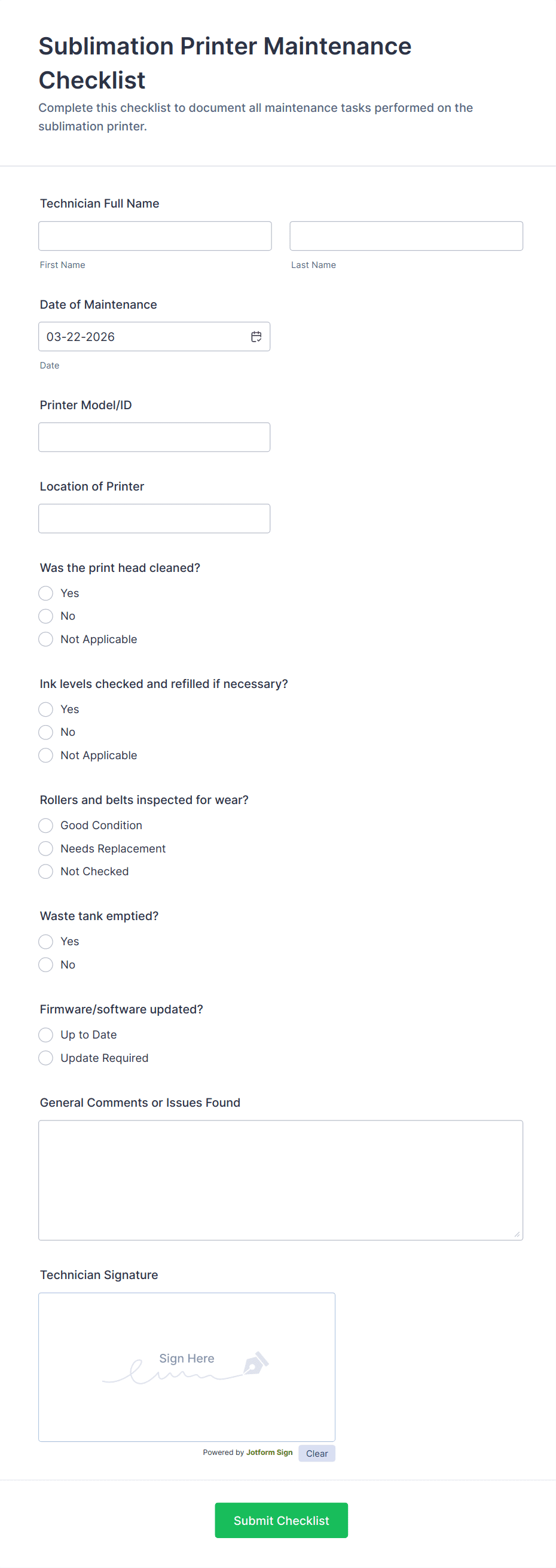 Sublimation Printer Maintenance Checklist Form Template | Jotform