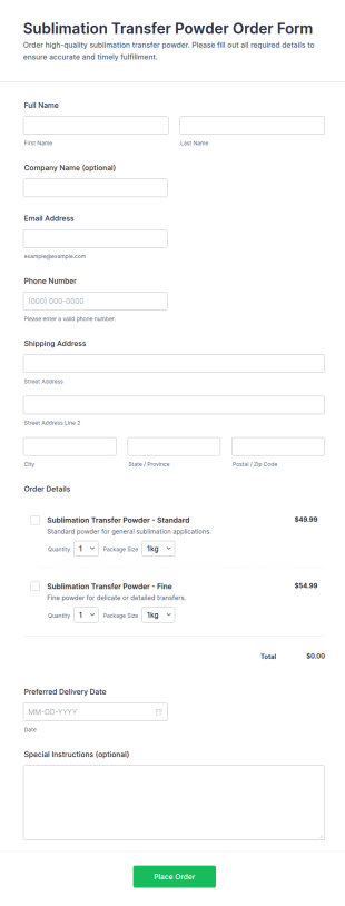 Sublimation Transfer Powder Order Form Template