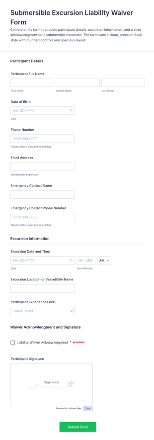 Submersible Excursion Liability Waiver Form Template