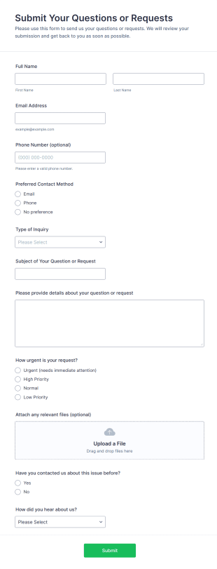 Submit Your Questions Or Requests Form Template