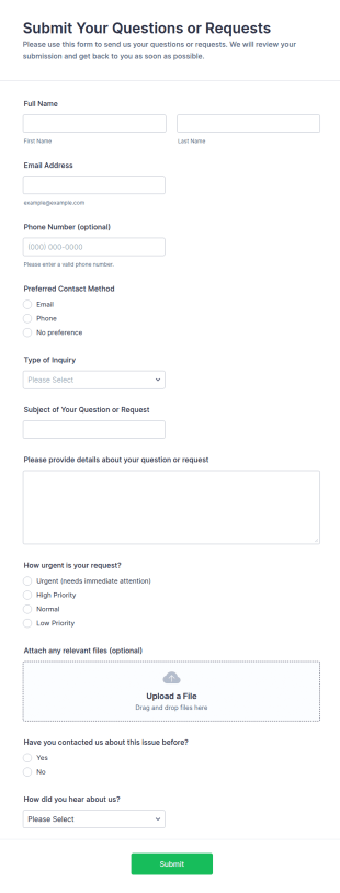 Questions Or Requests Submission Form Template