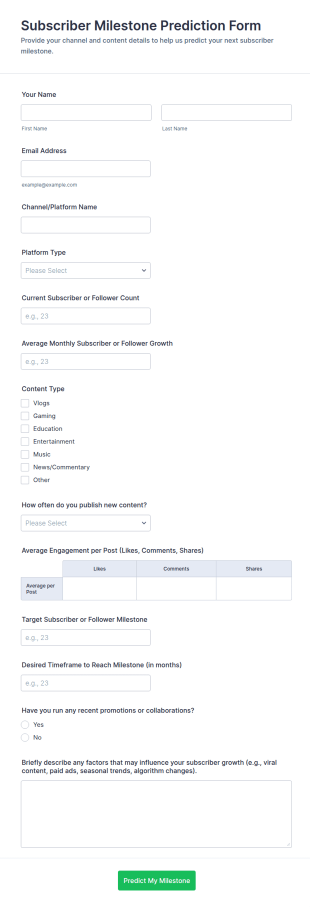 Subscriber Milestone Prediction Form Template