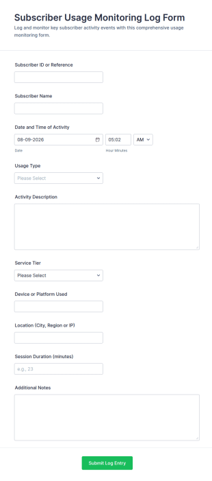 Subscriber Usage Monitoring Log Form Template