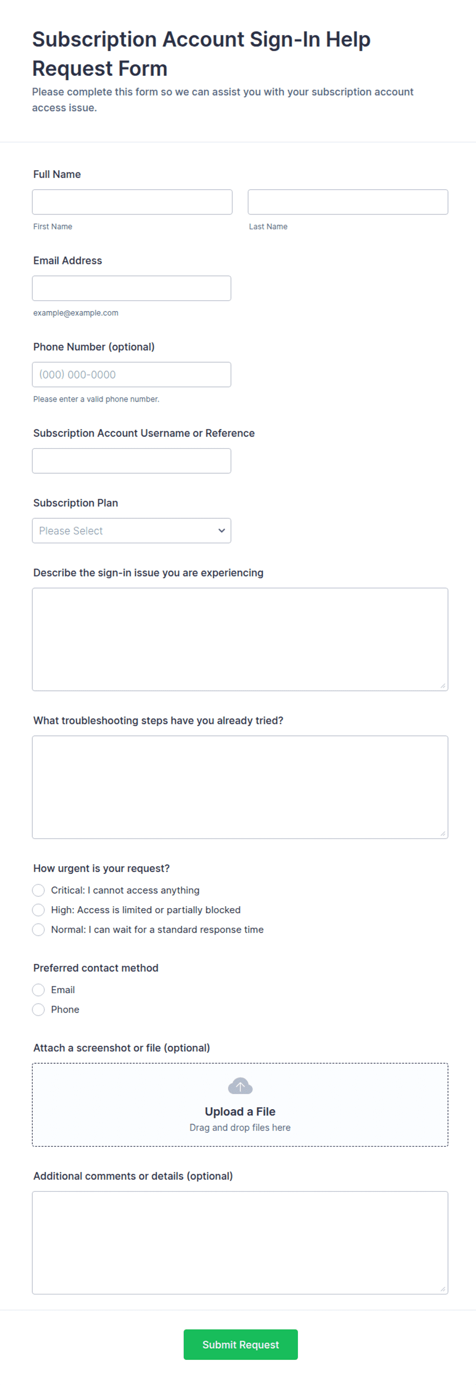 Subscription Account Sign-In Help Request Form Template | Jotform