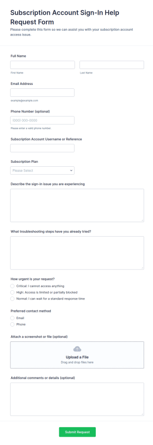 Subscription Account Sign In Help Request Form Template