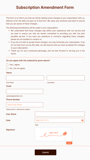 Subscription Amendment Form Template