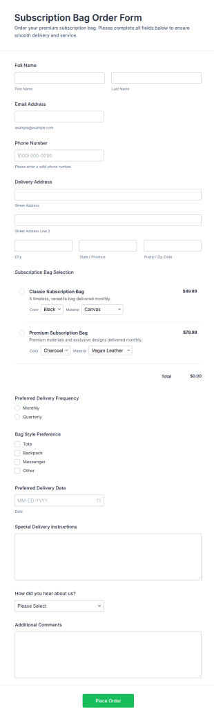 Subscription Bag Order Form Template