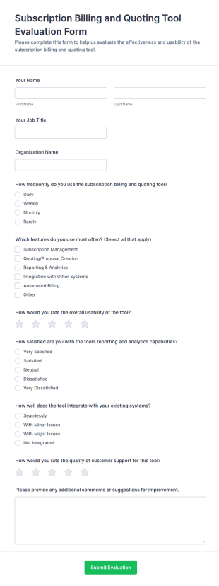 Subscription Billing And Quoting Tool Evaluation Form Template