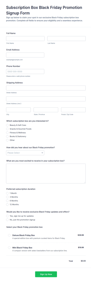 Subscription Box Black Friday Promotion Signup Form Template