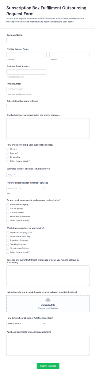 Subscription Box Fulfillment Outsourcing Request Form Template