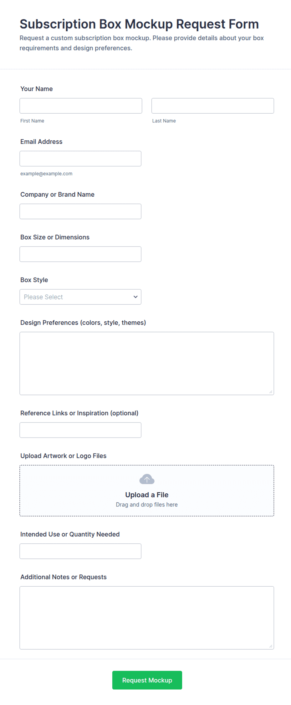 Subscription Box Mockup Request Form Template | Jotform