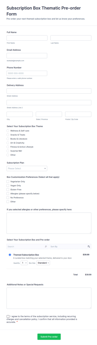 Subscription Box Thematic Pre Order Form Template
