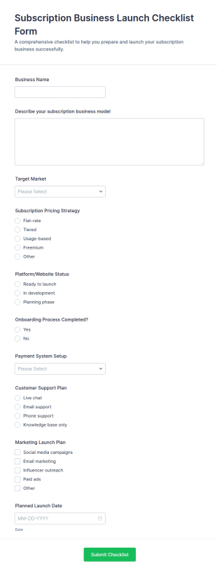 Subscription Business Launch Checklist Form Template