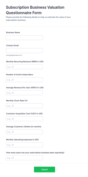 Subscription Business Valuation Questionnaire Form Template