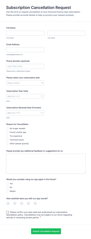 Subscription Cancellation Request Form Template