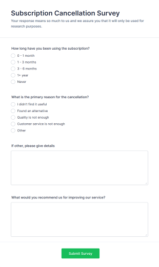 Subscription Cancellation Survey Form﻿ Form Template