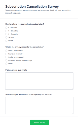 Subscription Cancellation Survey Form Form Template