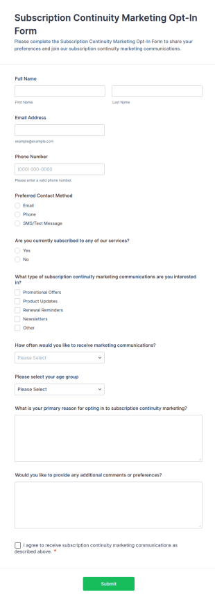 Subscription Continuity Marketing Opt In Form Template