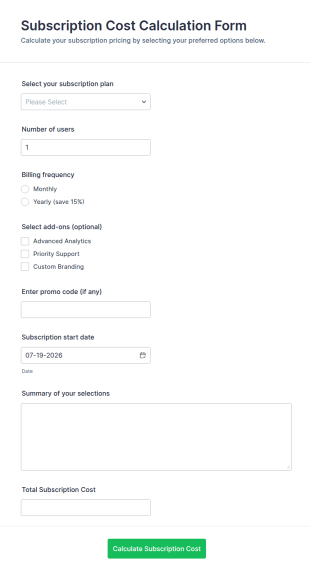 Subscription Cost Calculation Form Template