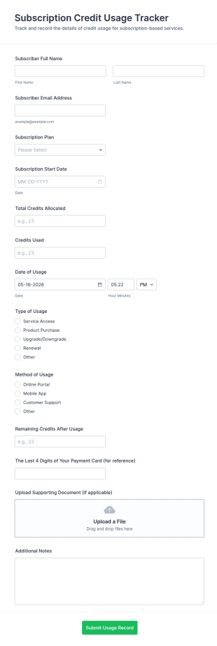 Subscription Credit Usage Tracker Form Template