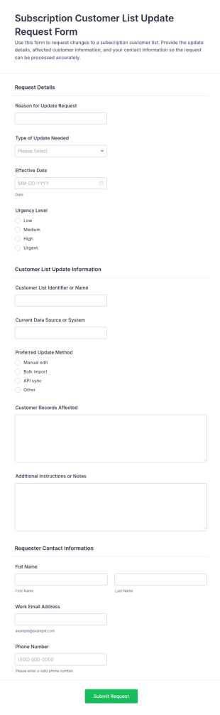Subscription Customer List Update Request Form Template