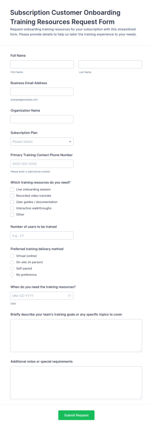 Subscription Customer Onboarding Training Resources Request Form Template