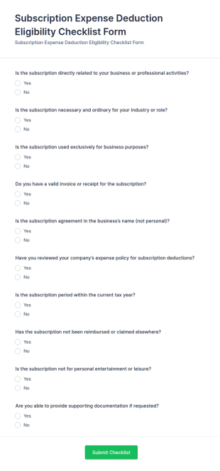Subscription Expense Deduction Eligibility Checklist Form Template