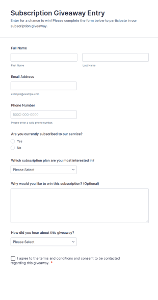 Subscription Giveaway Entry Form Template