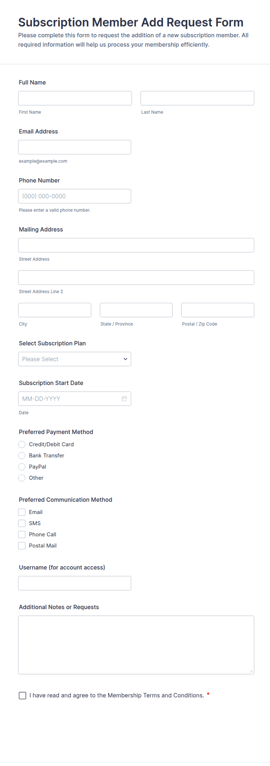 Subscription Member Add Request Form Template | Jotform
