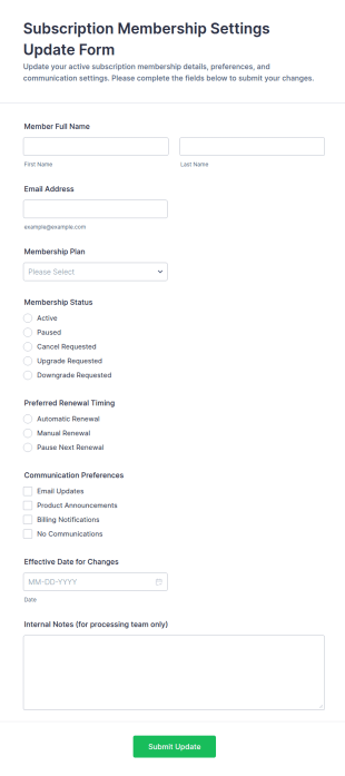 Subscription Membership Settings Update Form Template