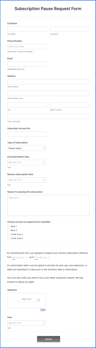 Subscription Pause Request Form Template