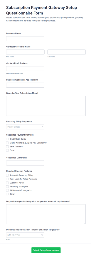 Subscription Payment Gateway Setup Questionnaire Form Template