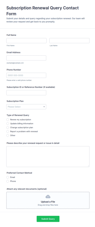 Subscription Renewal Query Contact Form Template