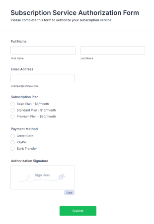 Subscription Service Authorization Form Template