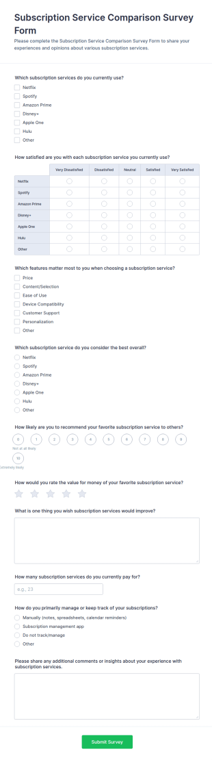 Subscription Service Comparison Survey Form Template