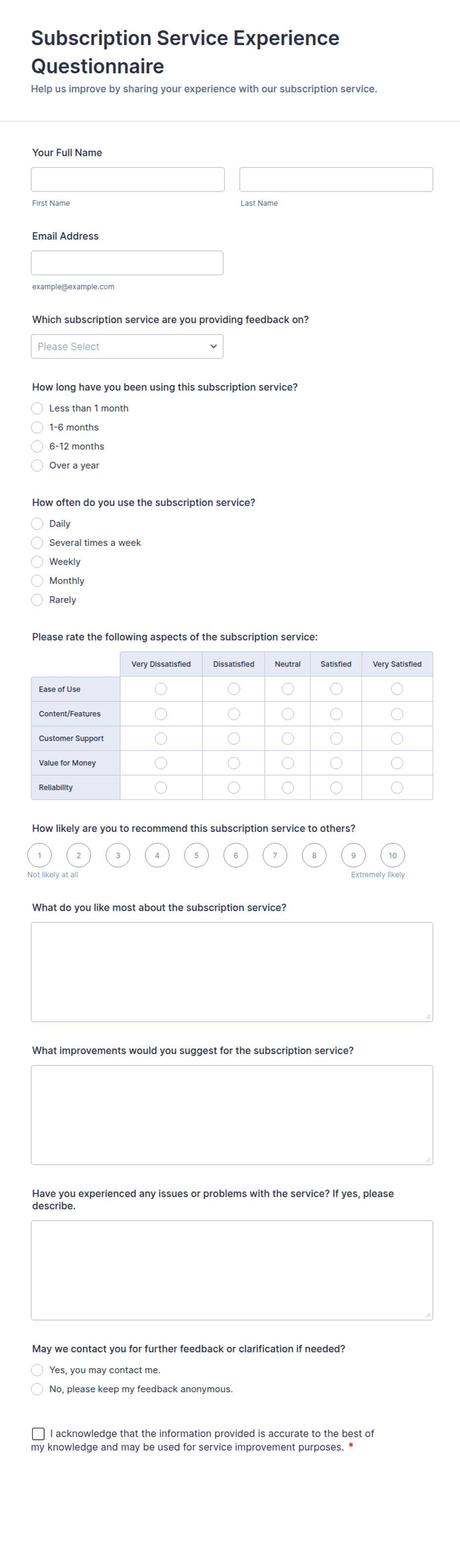Subscription Service Experience Questionnaire Form Template | Jotform