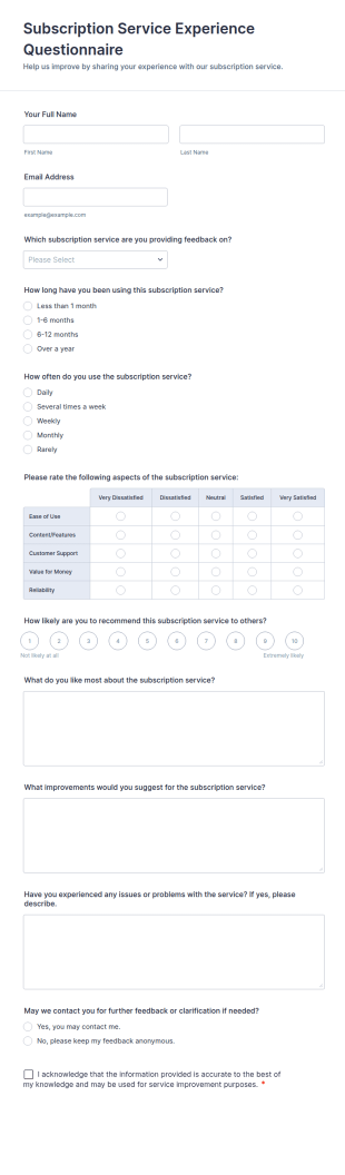 Subscription Service Experience Questionnaire Form Template
