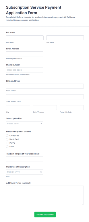 Subscription Service Payment Application Form Template
