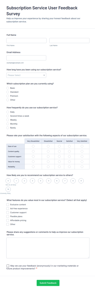 Subscription Service User Feedback Survey Form Template