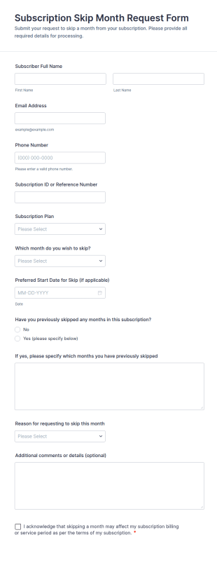 Subscription Skip Month Request Form Template